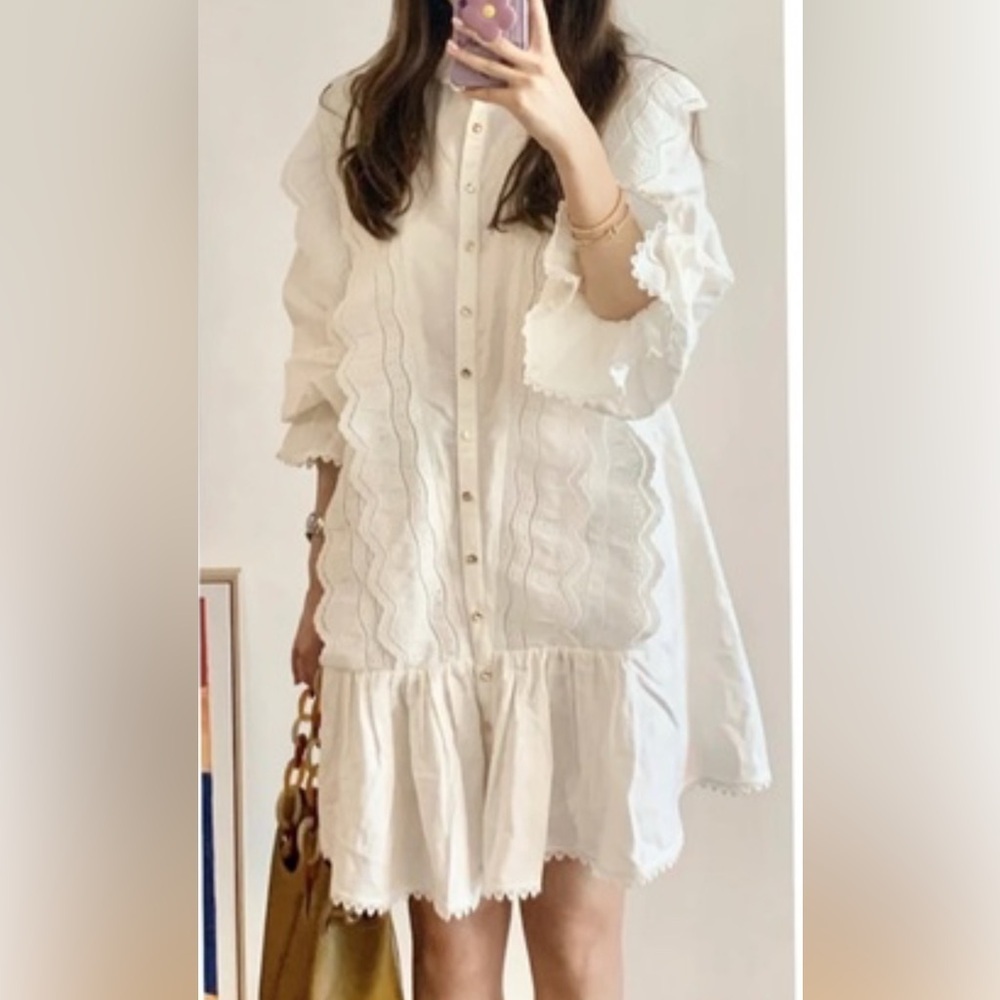 Keepsake the Label White Lace Ruffles Long Puff Sleeves Mini Dress US L-8/UK 12 - Picture 1 of 9